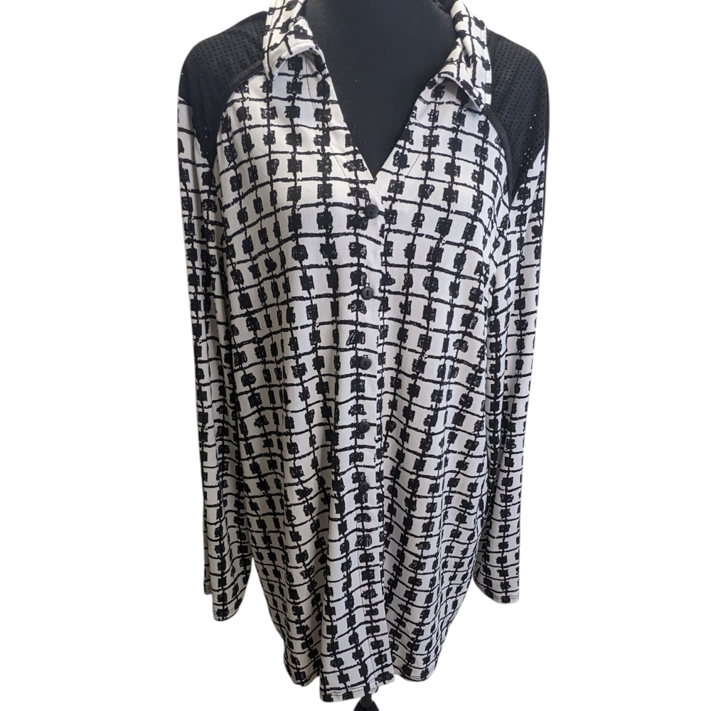 ZoE Women's NewStylish Black & White Multi Media Blouse Mesh Shoulders Size XL